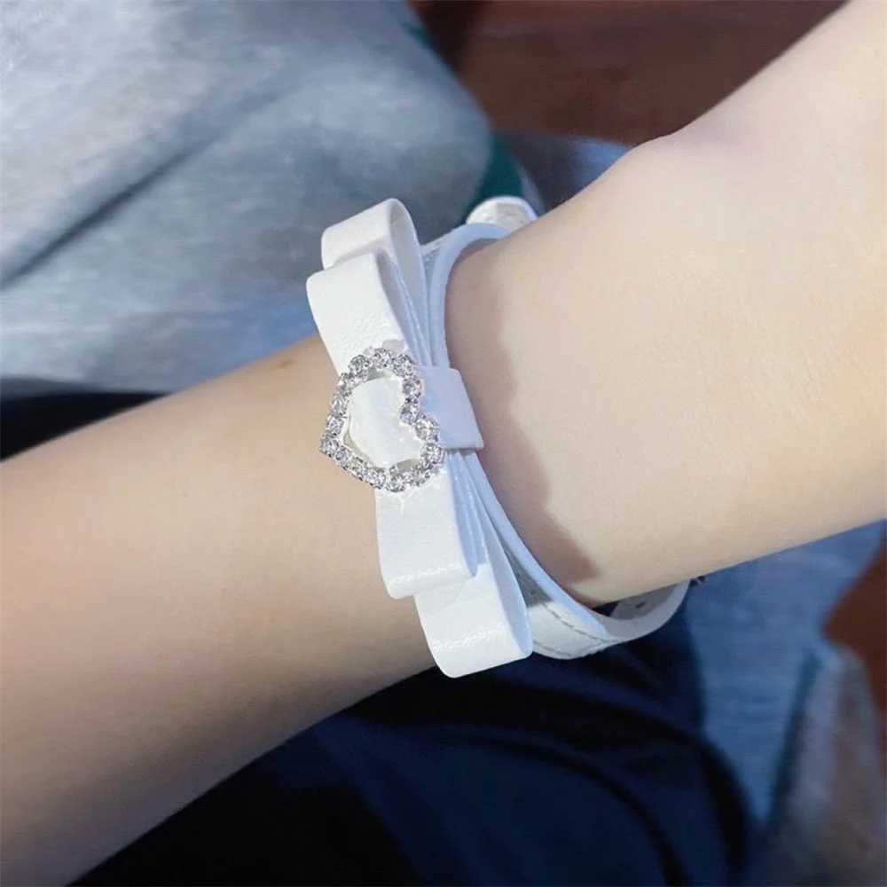 Bowknot Rhinestone Heart Leather Bracelets On Hand for Women Girl Harajuku Lolita Y2k Aesthetic 2023 Trendy Jewelry AccessoriesC250411