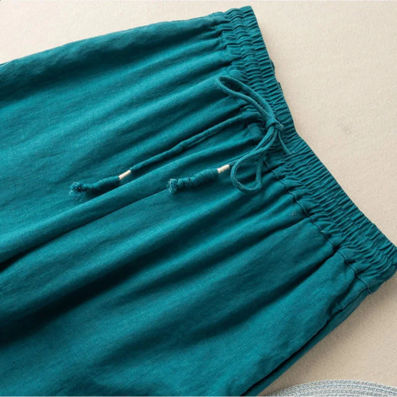 Embroidery Solid Casual Elastic High Waist Cotton Linen Womens Pants Korean Fashion Wide Leg Full-Length Pants For Women 250411
