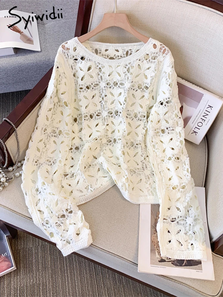 Syiwidii Pullovers for Women O-Neck Hollow Out Casual Knitted Tops Spring 2025 Fashion Long Sleeve Female Stretch Jumpers 250411