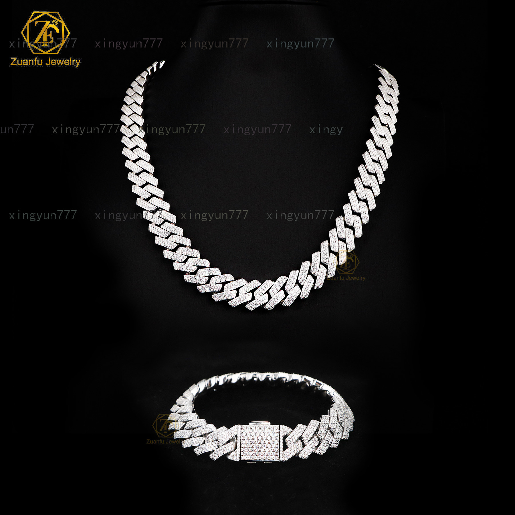 RTS 15mm 3-Rows Ice Out Diamond Hip Hop Moissanite Fine Necklaces 925 Sterling Silver White Gold Cuban Link Chain for Men