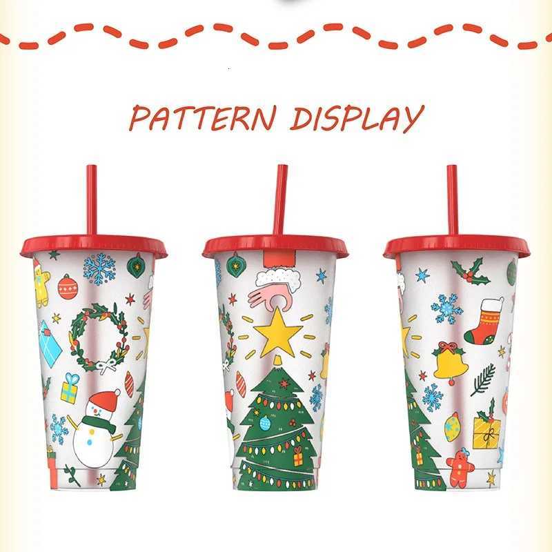 Christmas 710ml Plastic Straw Cup Halloween Christmas Color Changing Cup with Lid Plastic Cold Bucket Party Drink Cup Iced Drinks Mug Y251112