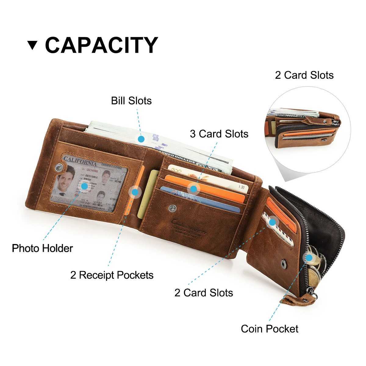 CONTACT genuine Crazy Horse leather mens wallet three fold wallet zipper coin pocket wallet denim leather wallet Z250411