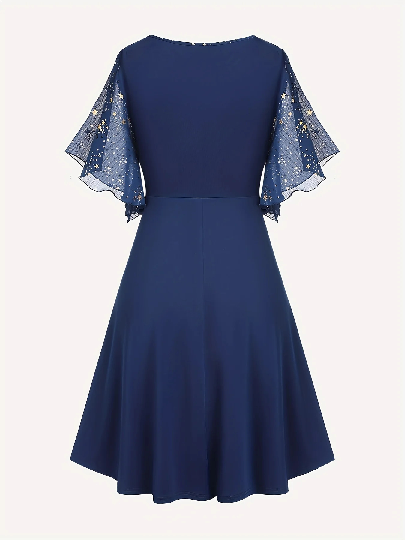 Fashionable womens plus size explosive star print button pocket pleated butterfly sleeves elegant warm dress 250411