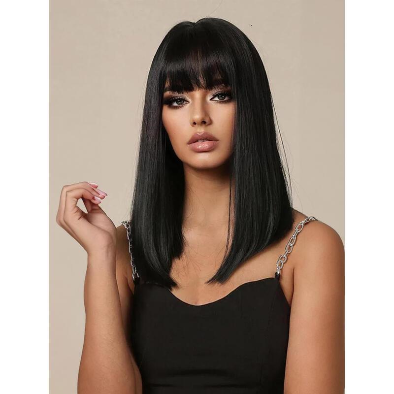 Medium-length straight hair fully hined 14 inches natural heat-resistant fiber high temperature silk dyeable and permable bangs synthetic wig Short Bo