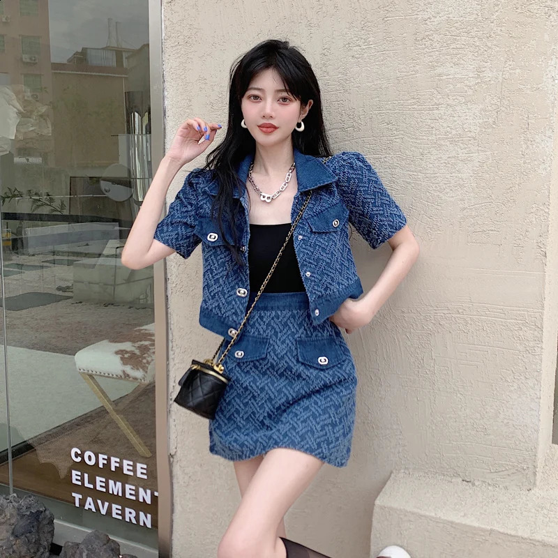 Small Fragrant Style Denim Skirt Suit Summer Womens Stylish Skirts 2 Pieces Sets Women Outfits Two-piece Ladies Outfit Set 250411