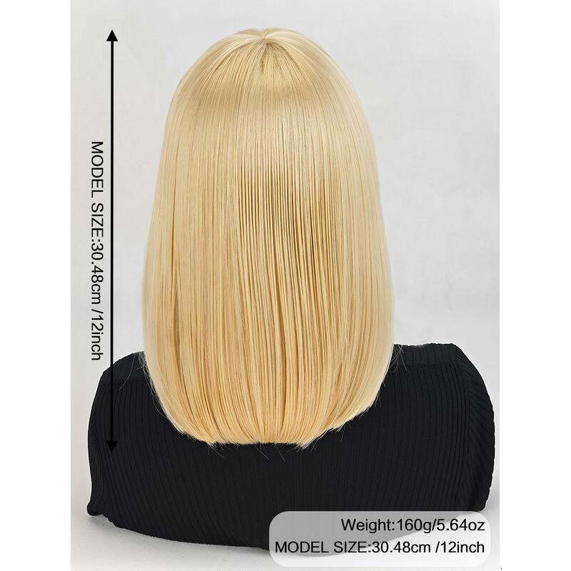 12 Inch Beige Short Bob With Bangs Light Yaki Straight Blunt Cut Glueless Realistic Look Daily Costume Wig For Women Synthetic Heat Resistant Hair Wig