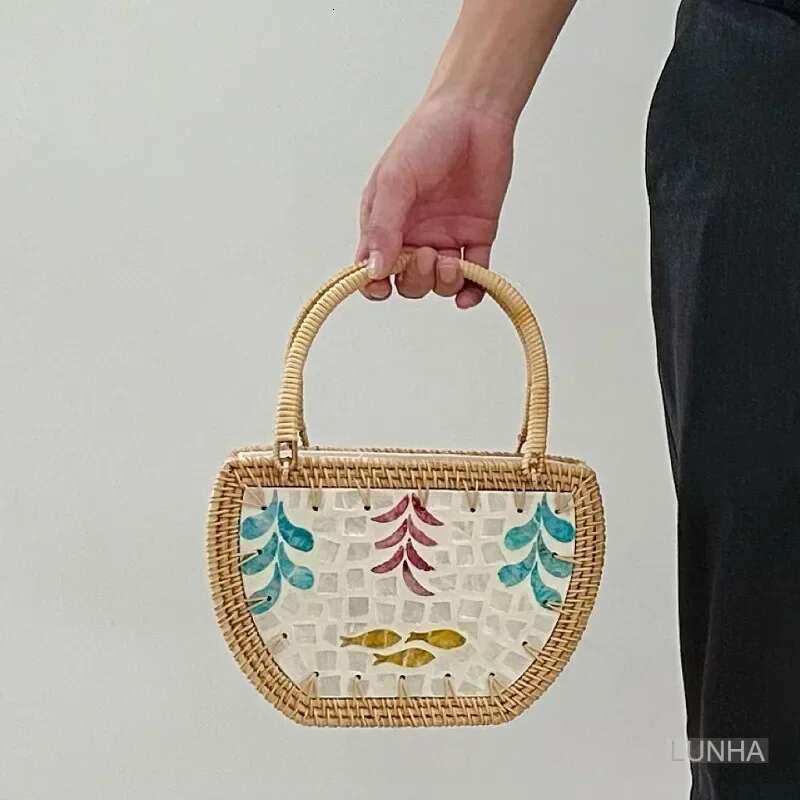 Vintage Handmade Woven Rattan Shell Tote Bag For Women Beach Summer Style Casual Handbag Top Handle Basket Purse