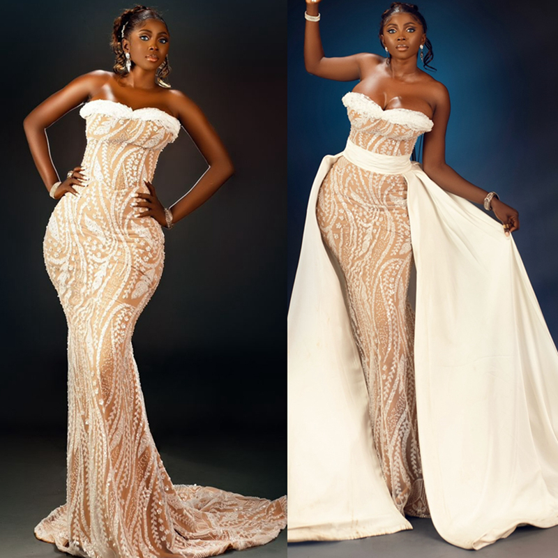 2025 Plus Size Ivory Prom Dress Detachable Train Mermaid Prom Dresses Evening Formal Gowns For Special Occasions Beaded Birthday Second Reception Gown