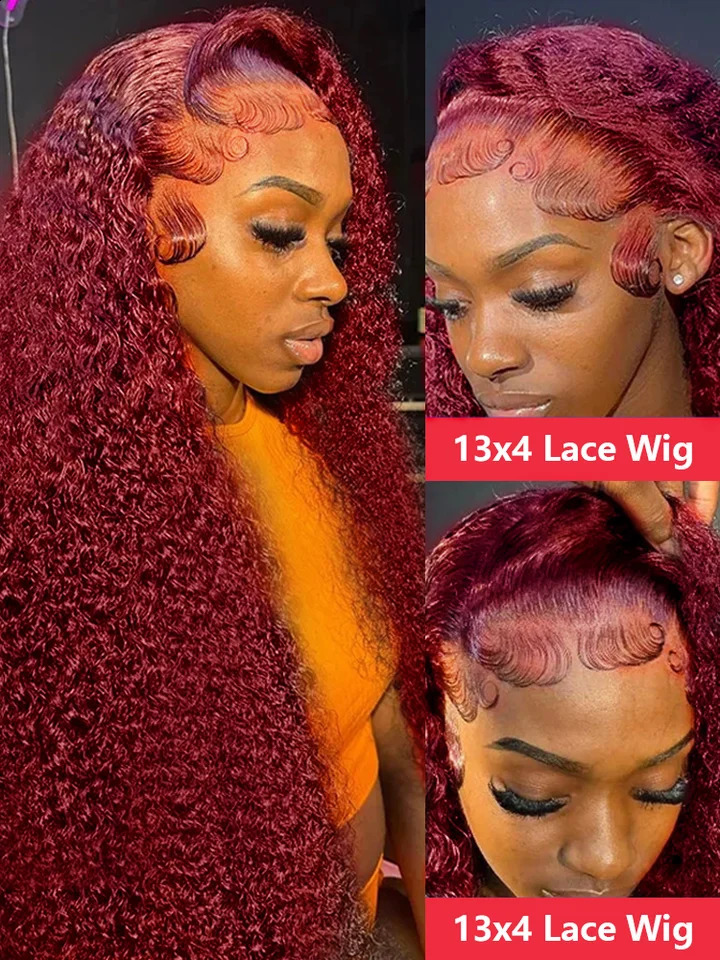 250 Density 13x4 Curly 99J Burgundy Lace Front Wig Red Wine Colored 30 40 Inch Deep Wave 13x6 HD Lace Frontal Human Hair Wigs 250409
