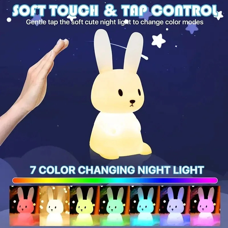 LED night light silicone rabbit touch sensor light cute animal light bedroom decoration gift childrens table light home decoration 250411