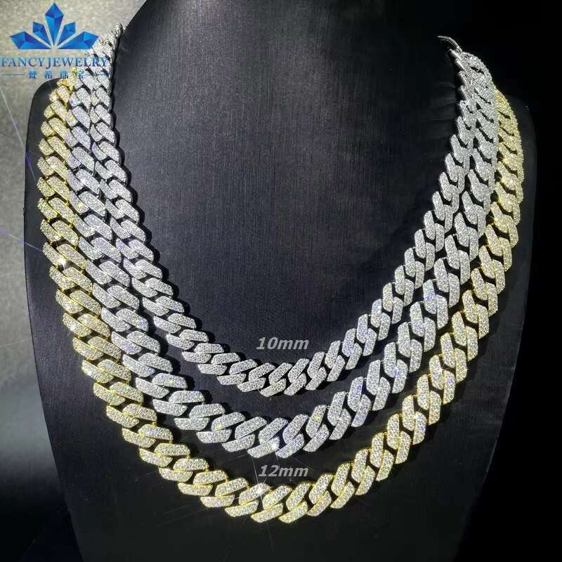 Custom Hip Hop Necklace Jewelry 925 Silver Yellow Solid Gold VVS1 Moissanite Diamond Iced Out 12mm 15mm 20mm Cuban Link Chain