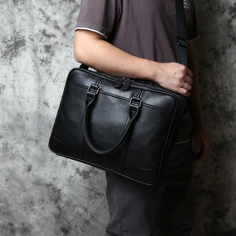NZPJ Leather Mens Handbag Leisure Business Computer Bag Head Layer Cowhide Horizontal Style Briefcase Shoulder Bag 250407