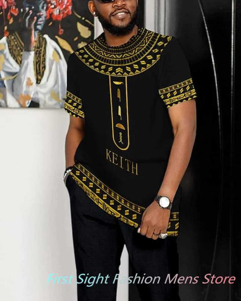 African mens summer Egyptian clothing oversized T-shirt mens 2-piece short sLeeved casual setXJ250412