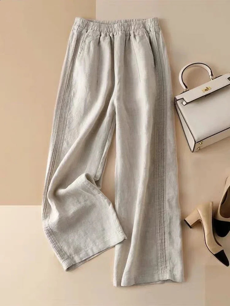 Loose Simple Comfort Ankle pants Retro Versatile Summer Womens Pants High Waist Straight Cotton Linen Wide Leg Pants Women 250411