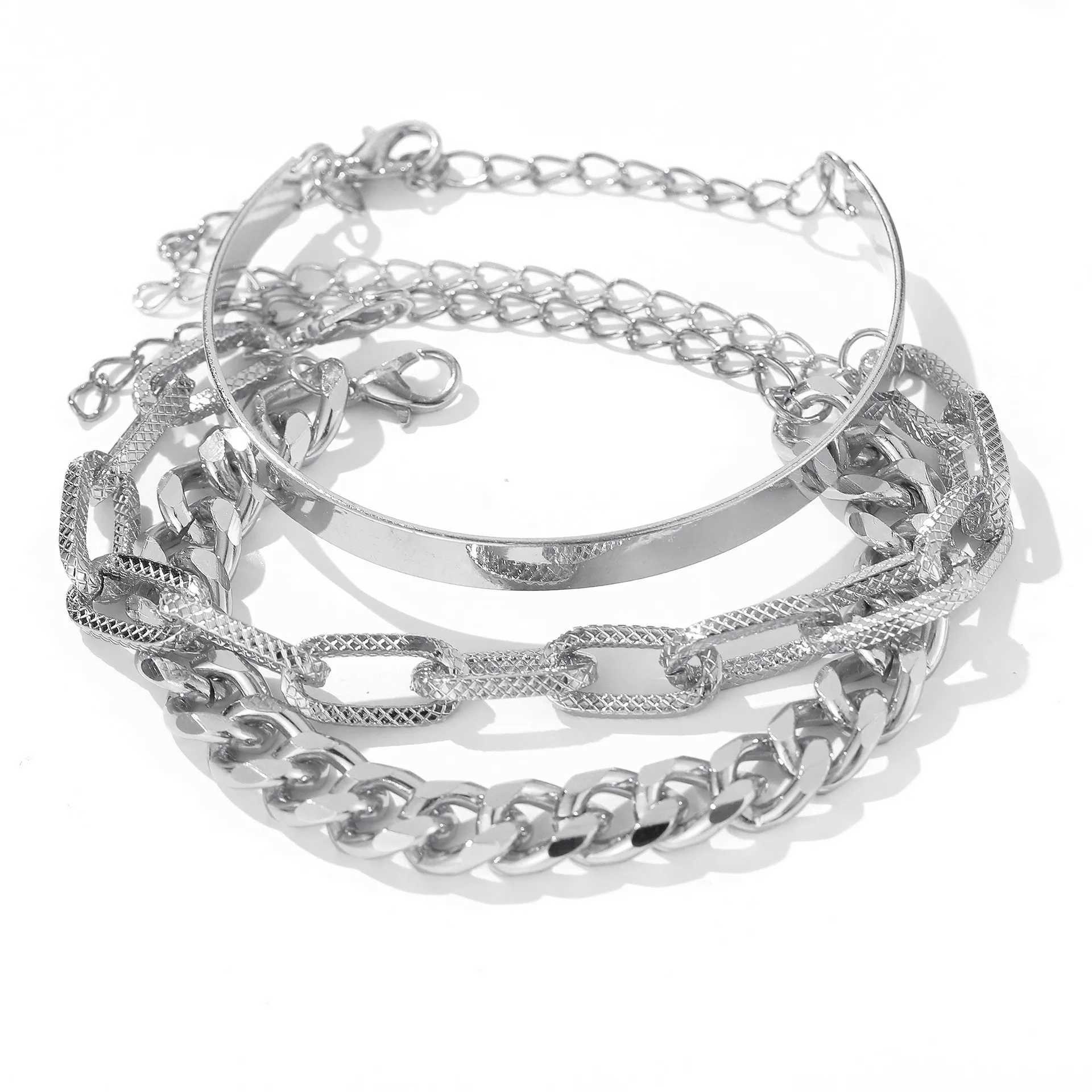 Bohemian Metal Chain Bracelet Set For Women Geometric Gold Color Thick Link Chain Open Bangle Female Fashion JewelryC250411