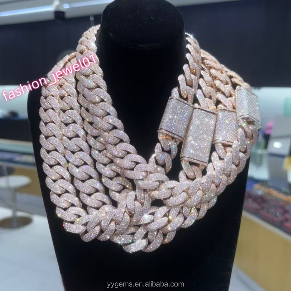 Yu Ying Hot Sale Full Iced Out Moissanite Heavy Chain 17MM 20MM 22MM Wide S925 Solid Gold Plated Cuban Link Chain Necklace
