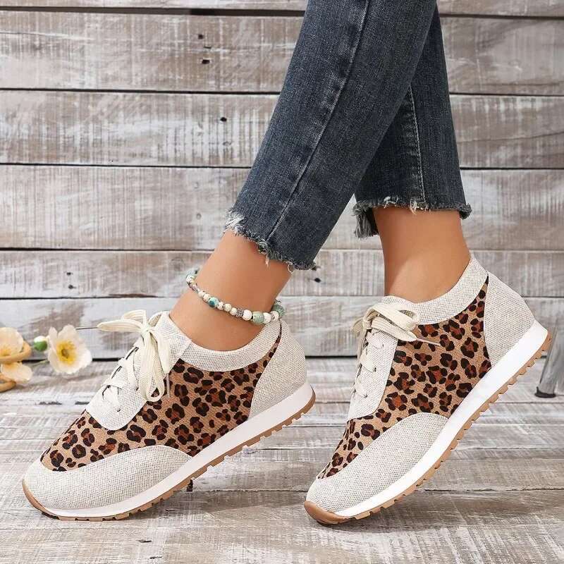 2025 summer new leopard print designer fashion sports shoes mixed color casual women's lace up vulcanized shoes