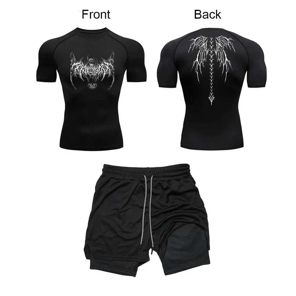 Mens Y2K skeleton printed sportswear fitness compression shirt+2-inch performance shorts summer fitness running set W250412
