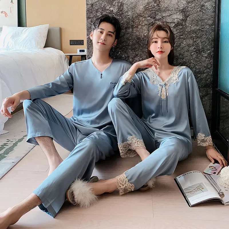 High Quality Pajamas Set Men Women Fall Summer Ice Silk Couple Sleepwear Male Female Large Size Silk Loungewear Suit 250411