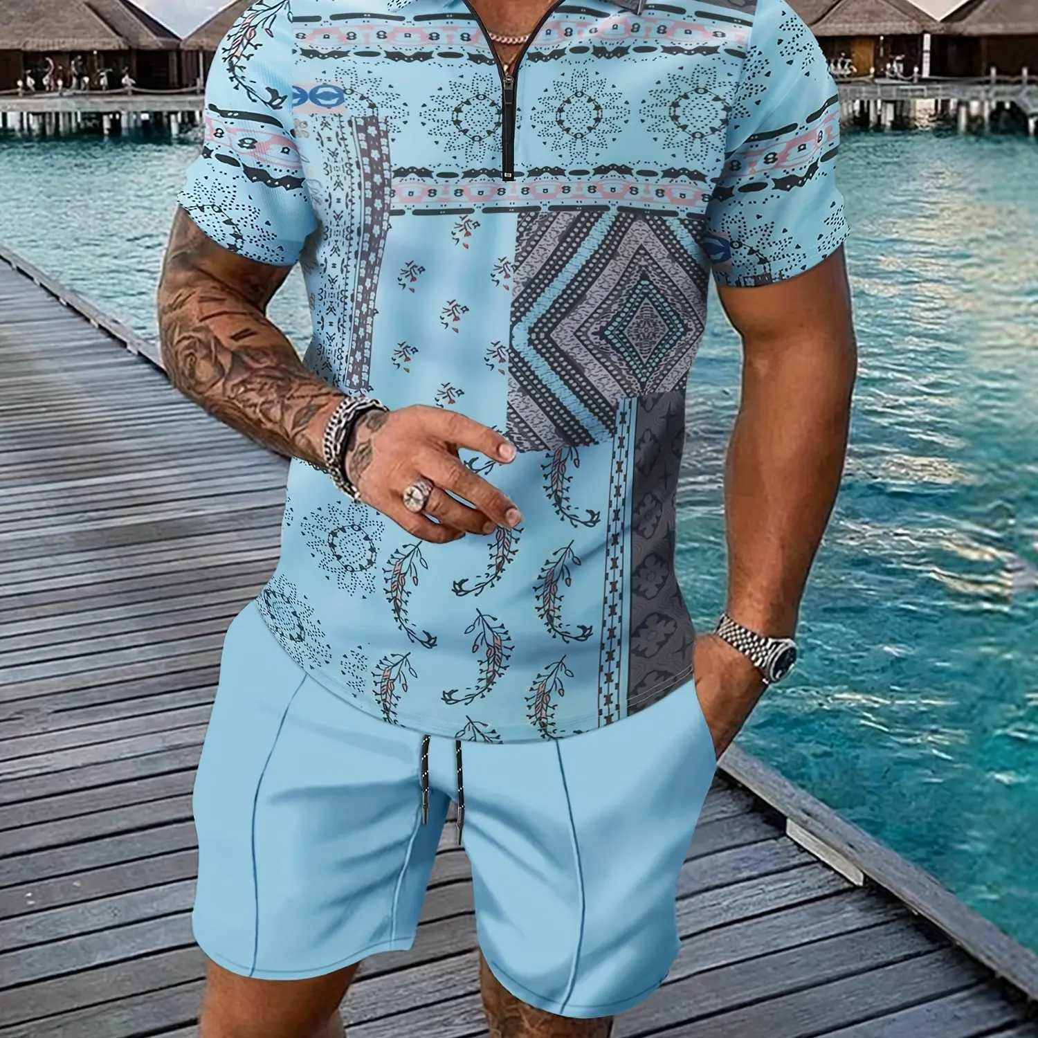 Retro ethnic style totem 3D printed mens sportswear set summer zipper polo shirt+shorts 2-piece set mens clothing track setXJ250412