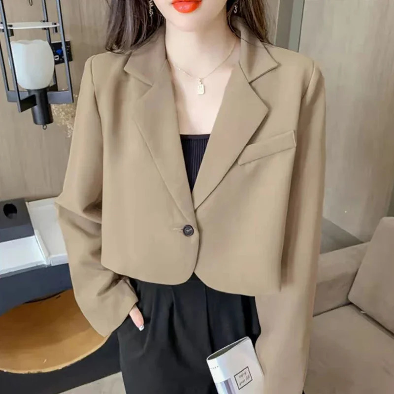 Korean Cropped Blazer Jacket Womens 2025 Spring Single Button Set Coats Chic Long Sleeve Notched Collar Coat 250407