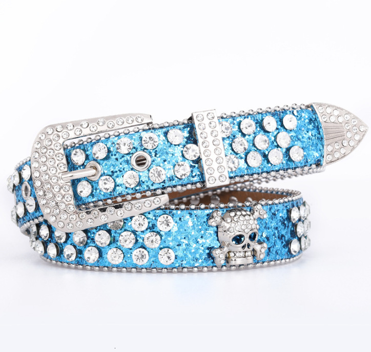 Button head three piece set rhie inlaid belt, versatile decoration for women, skull head, personalized with dia sequins