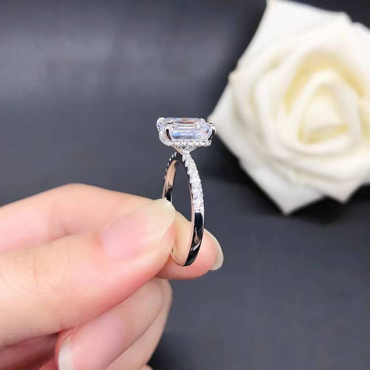 3CT Emerald Cut Moissanite Diamond Wedding Ring in 14K White Gold with Half Covered Band