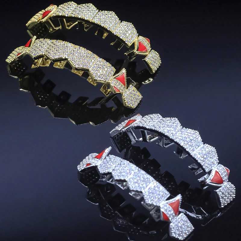HipHop Hot Fans Shape Iced Out Teen Grizz Hip Hop Top and Bottom Grills Teeth Mouth Punk Hat Role Playing Party Jewelry Gifts W250412