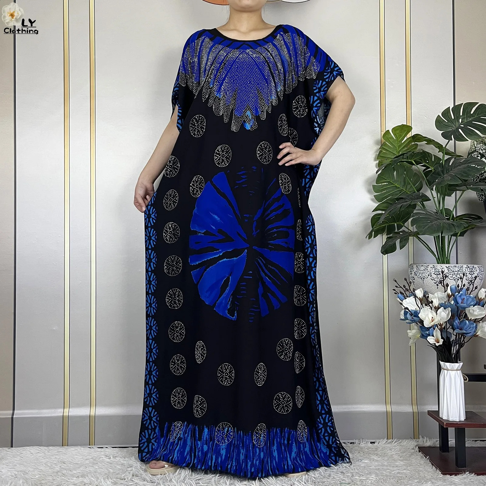 Latest African Womens Summer Short sleeved Dubai Kaftan Diamond Printed Cotton Maxi Muslim Loose Dress with Scarf 250411