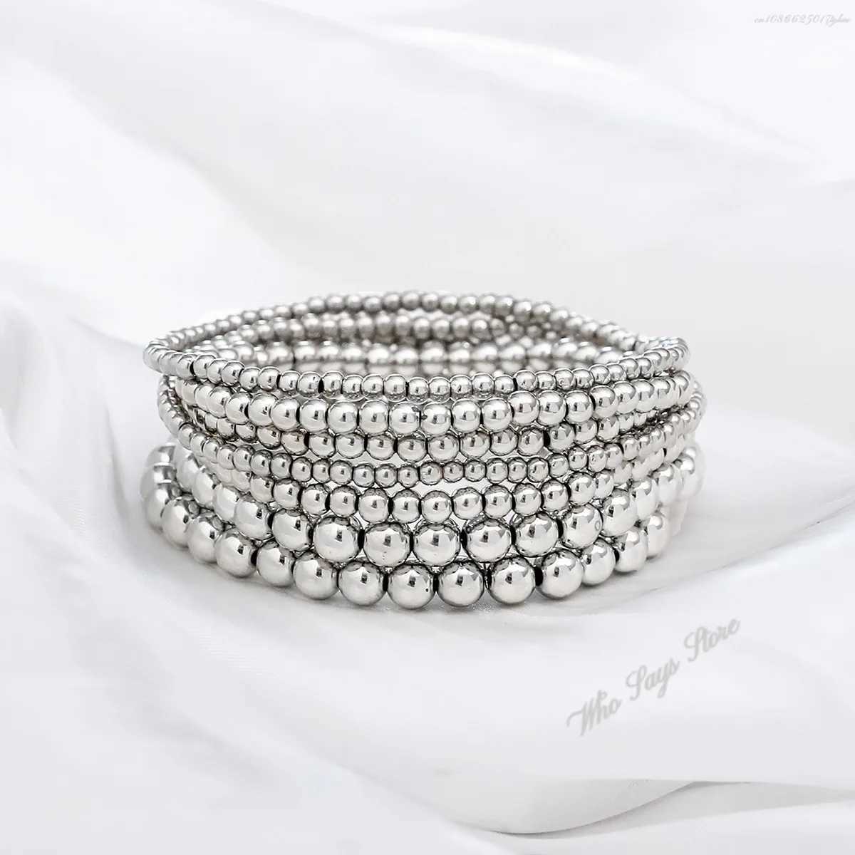 Trend Stretch Stainless Steel Bracelets Gold Sliver Color 2MM 5MM 8MM Stacked Ball Beaded Bracelet For Women Men JewelryC250411