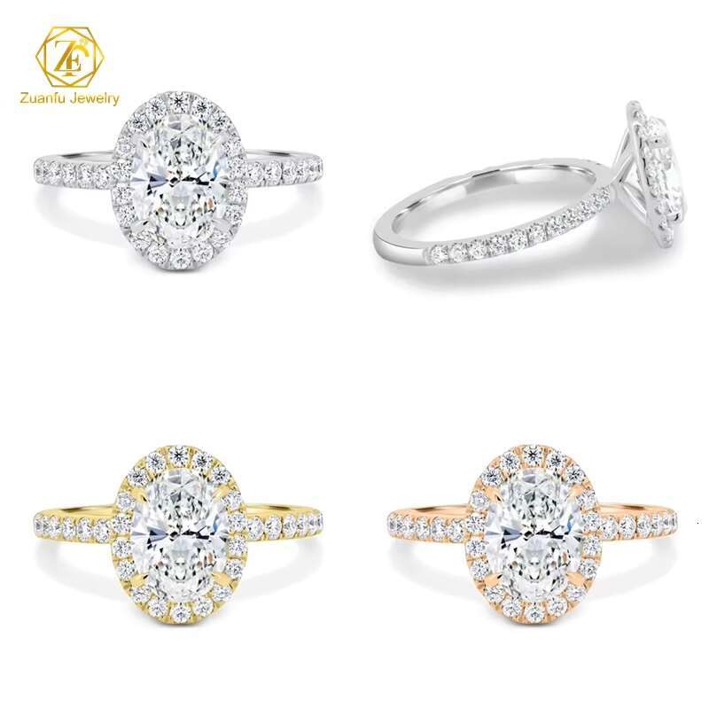 2CT Moissanite Diamond 18k Solid Gold Ring Jewelry Pear Oval Emerald Round Cut Moissanite Halo Ring with Side Stone Wedding Gift
