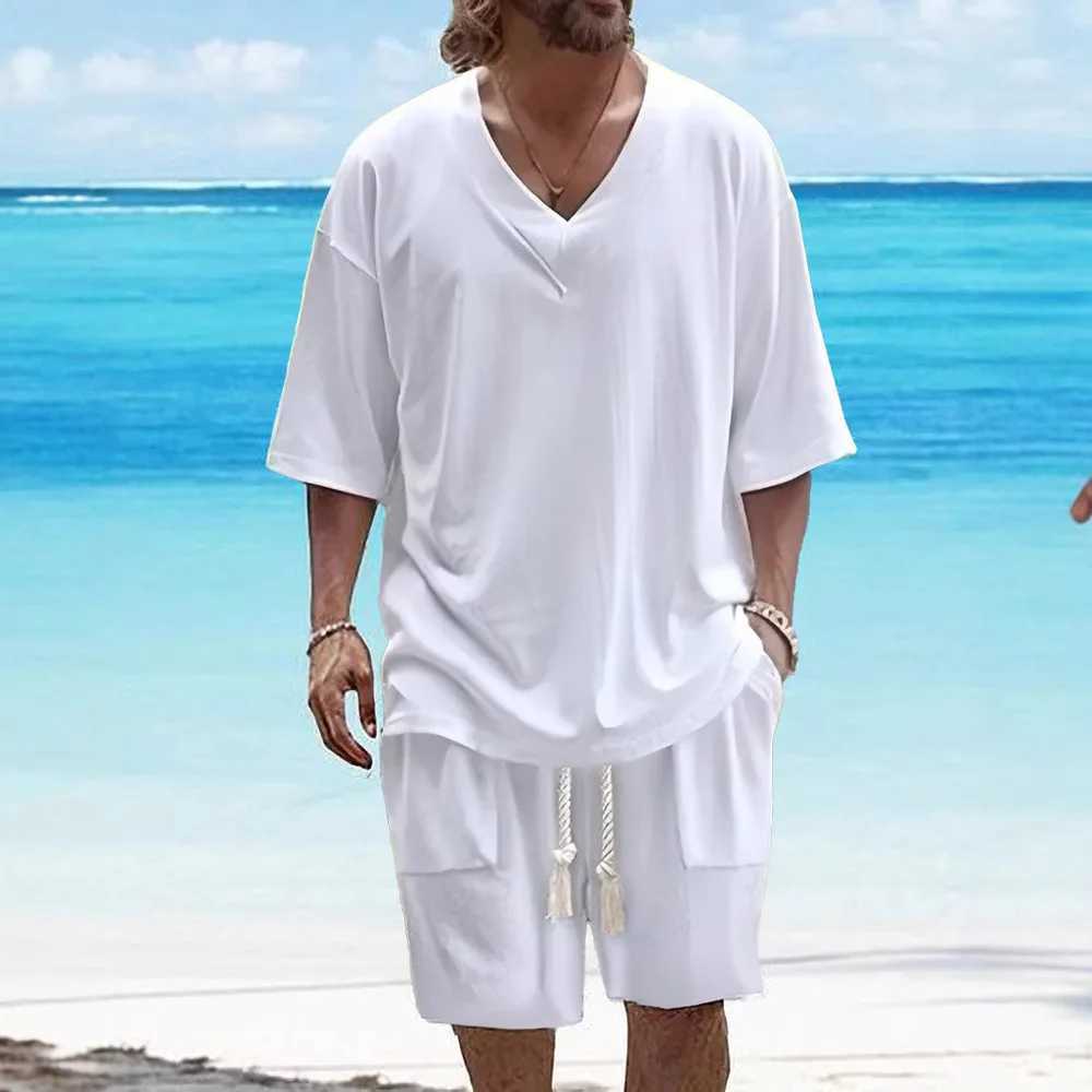 Classic Mens summer new simple casual style solid color comfortable breathable V-neck short-sleeved top tied shorts setXJ250412