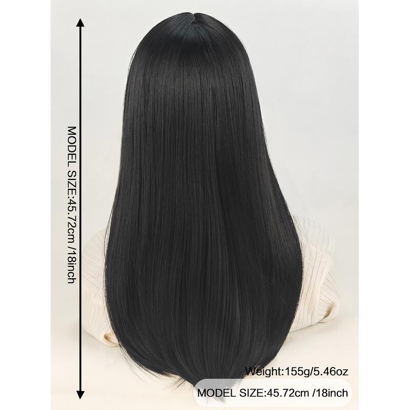 18inch Natural black With Bangs Long Wavy Curly Glueless Fringe Unit Heat Resistant Synthetic Middle Part Full hine Made No Lace Scalp Costume Cosplay