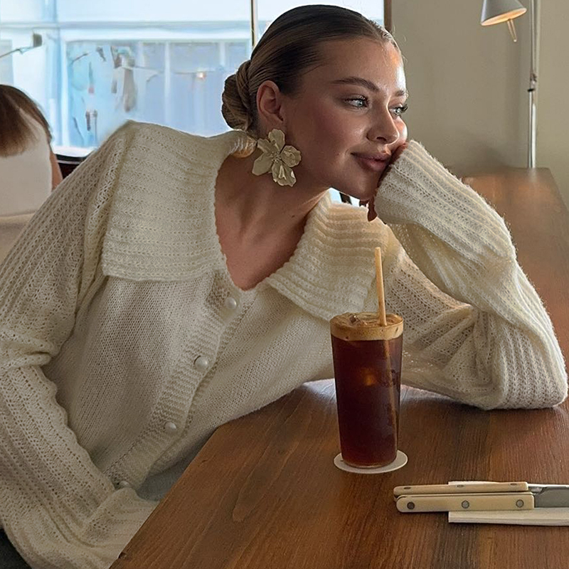 Women's solid color cardigan sweater coat loose fit large collar flared sleeves with pearl buttons a versatile fashion sweater lovely and elegant