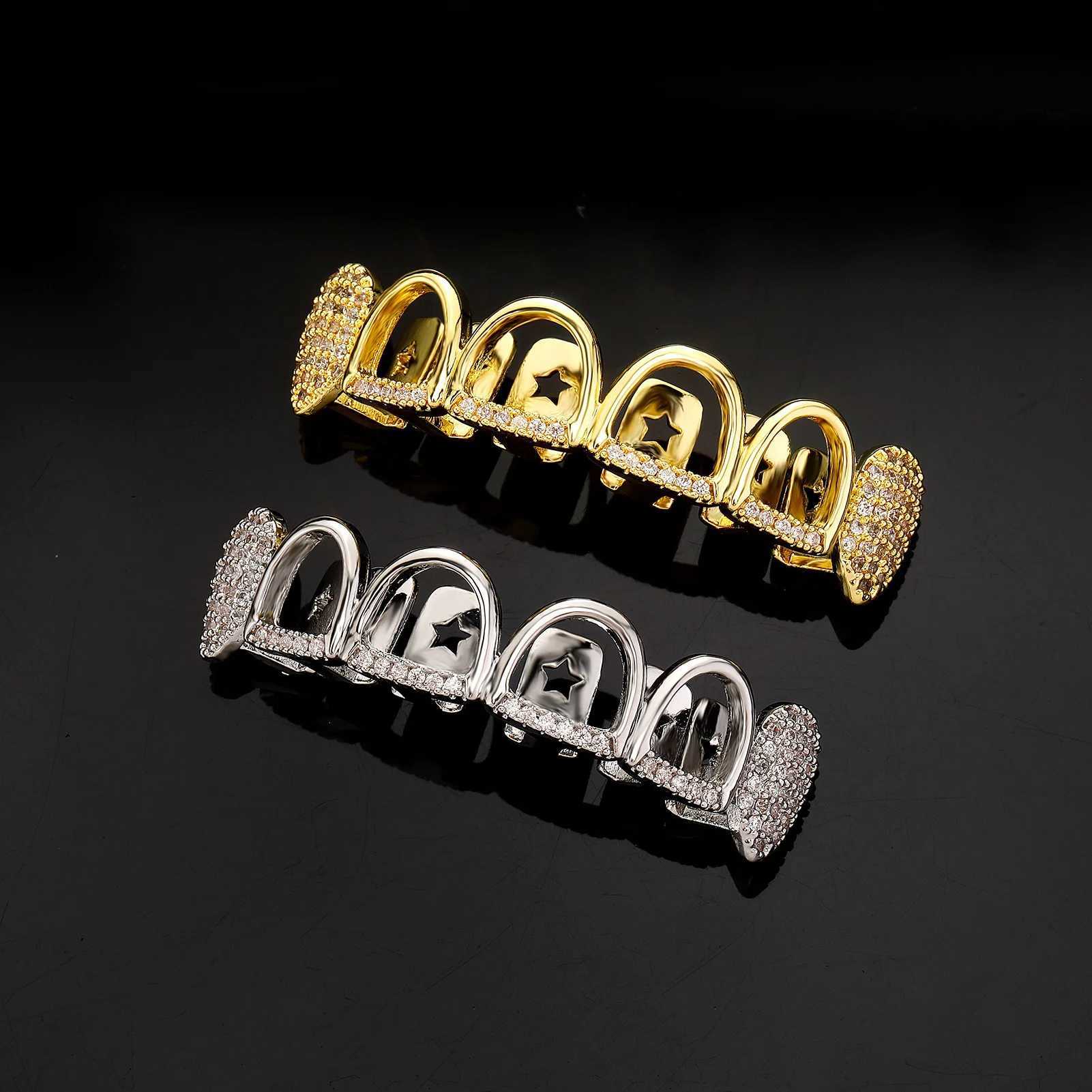14K gold-plated hip-hop 4/4 hollow zircon teeth Grilz suitable for women and men CZ stone tooth cap body jewelry star tooth sheath W250412