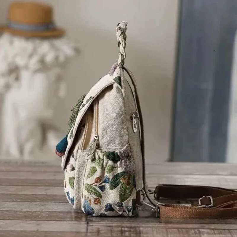 Ethnic Style Backpack Hand Woven Double Shoulder Multi Compartment Lightweight Canvas Commuting Multi-Functional Chest Bag 2024