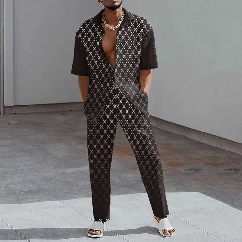 2023 Fashion Printed Two Piece Set Mens Collar Button Short Sleeve Shirt and Straight Pants Set Mens Summer Casual ClothingXJ250412
