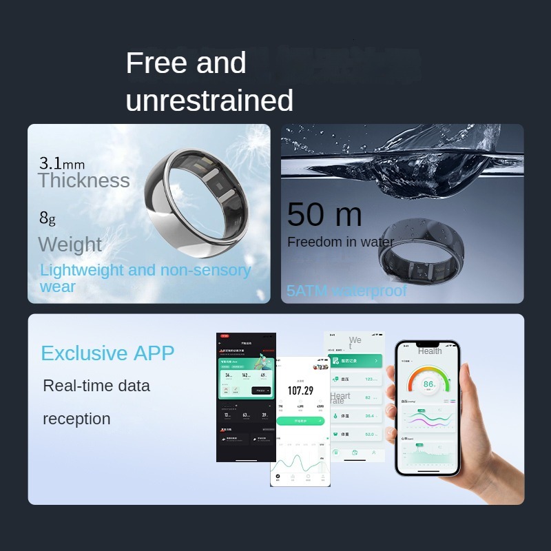 FL- Smart Ring Men Women IP68 Waterproof Heart Rate Blood Oxygen Sleep Health Monitor Sport Fitness Health Ring for Android IOS