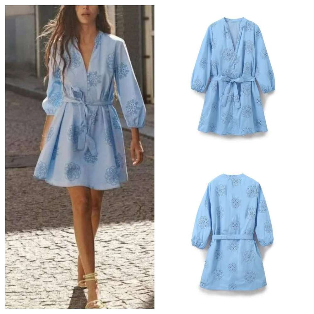 European And American Style Spring New Hollow Embroidery With Belt Long Sleeve Dress