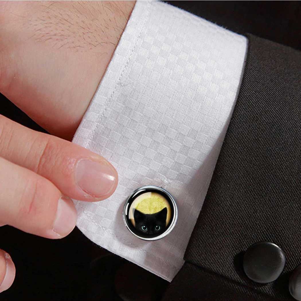 Black peeping kitten blue eyes cat cufflinks mens fashion cufflinks wedding cufflinks cat lover jewelryT250412
