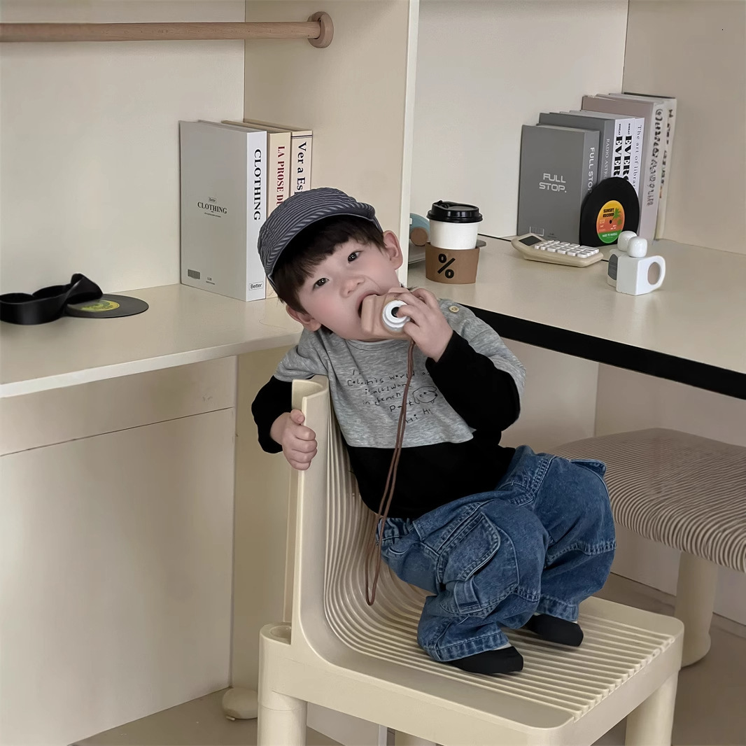 Ddmyshoesvip Children Color Blocking Splicing Long Sleeved T Shirt Jeans Set New Product Korean Version Children S Boys Spring Clothing