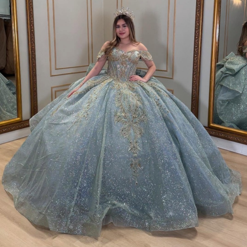 Blue Shiny Quinceanera Dresses Off Shoulder Ball Gown Sweet 16 Dress Applique Beading Crystal Tull Birthday Party Vestidos 15 De Anos