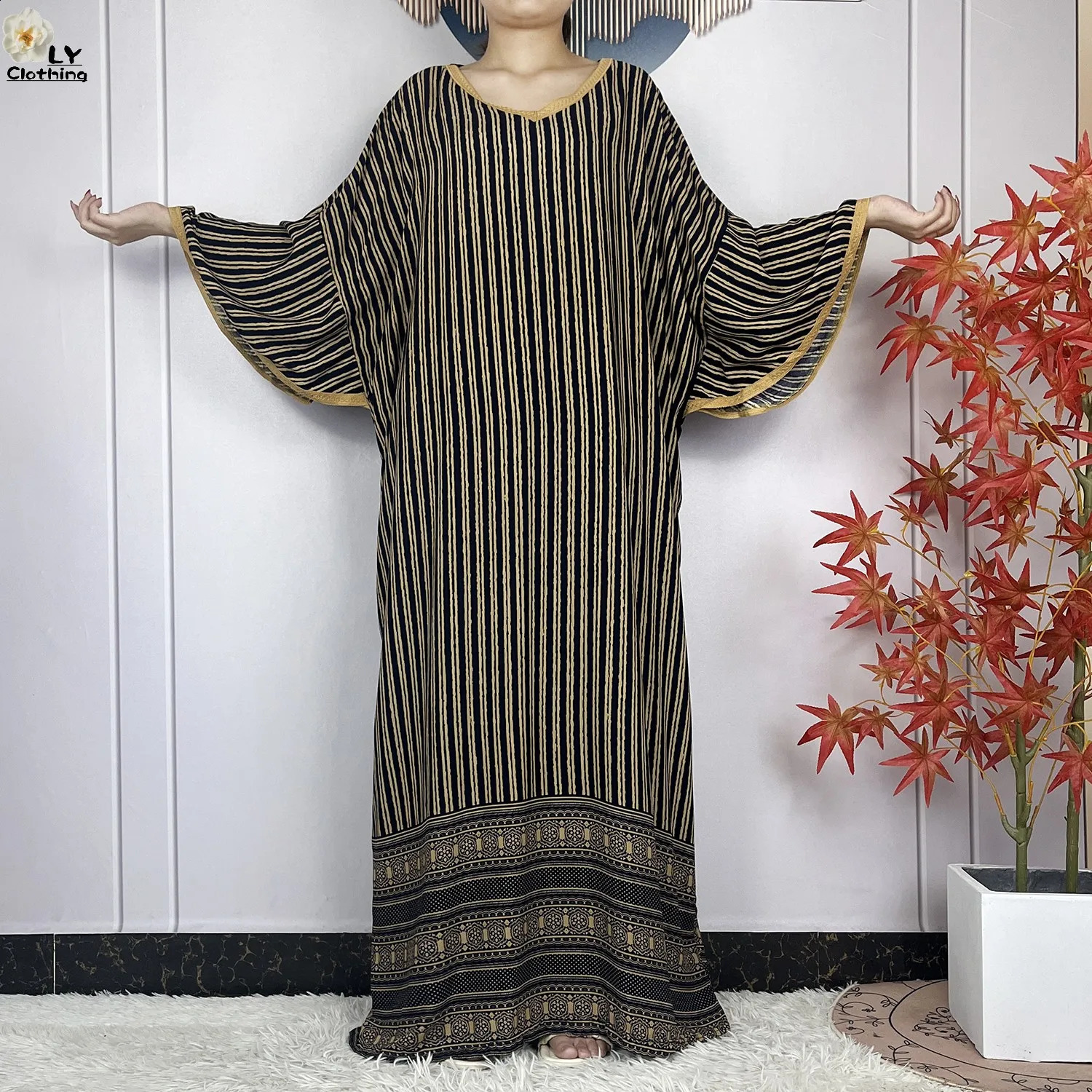 Dubai Muslim Set Cotton Dress Fashion Womens Loose Maxi Kaftan Stripe Printed African Islamic Clothing 250411
