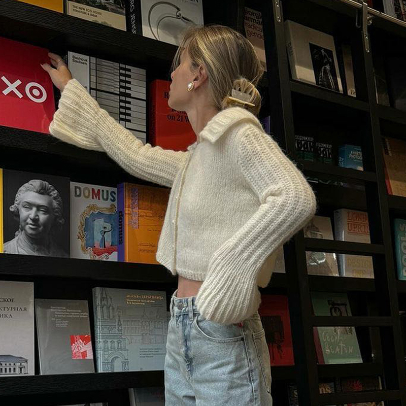 Women's solid color cardigan sweater coat loose fit large collar flared sleeves with pearl buttons a versatile fashion sweater lovely and elegant