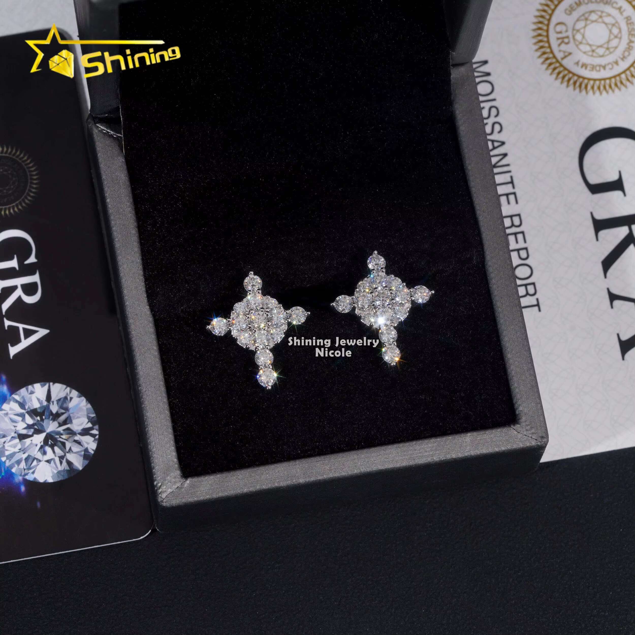Fashion Jewelry New Design Iced Out Cross VVS Moissanite Diamond Studs 925 Silver Earrings for Men