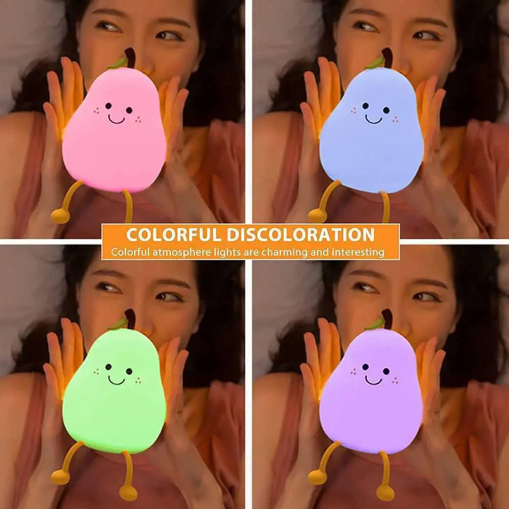 Childrens night light pear shaped cute silicone night light 7-color dimmable night light USB charging bedroom 250411