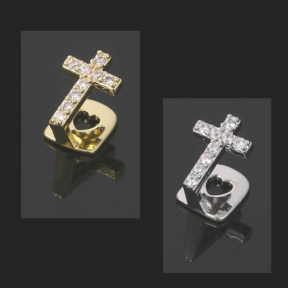 Hip hop glitter copper cross stone teeth Grilz cubic zircon hat mens jewelry Unsiex top charm grill W250412