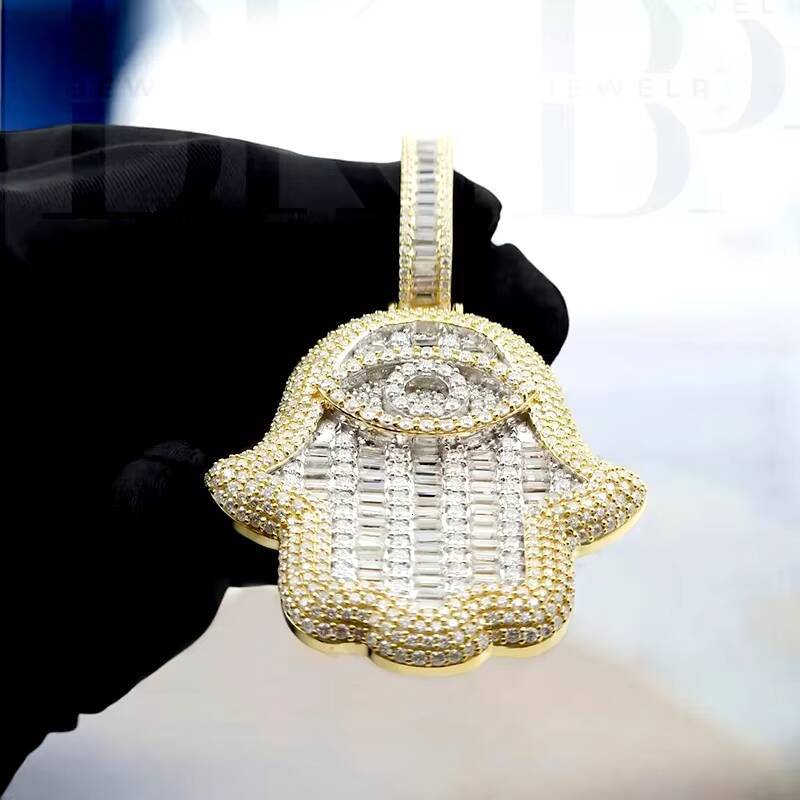 Hip Hop Hamsa Hand Necklace Pendant Iced Out 925 Sterling Silver With 18K Gold Plated Eye Hamsa Hand Moissanite Pendant