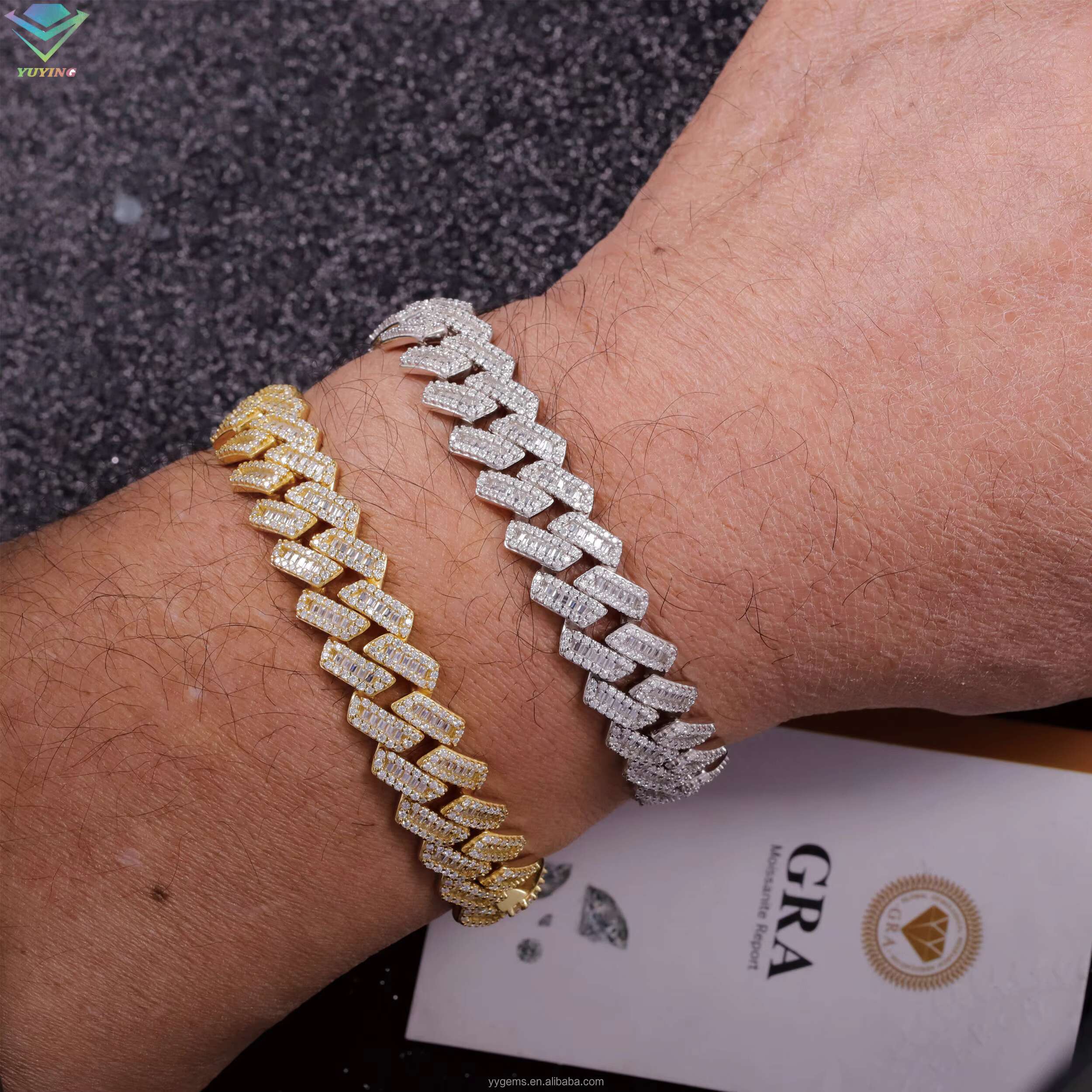Yu ying VVS Moissanite Bracelet 13mm S925 Silver Hip Hop Bracelet iced out Baguette Moissanite Diamond Cuban Bracelet For Men