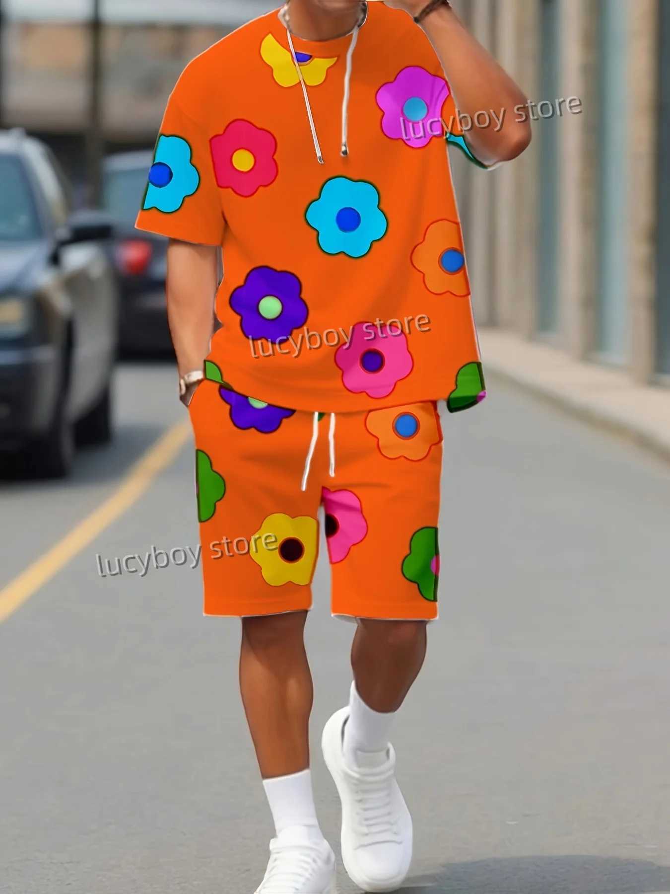 Colorful floral printed sports T-shirt+shorts set for mens luxury track and field wear summer oversized 2-piece set for mens clothingXJ250412